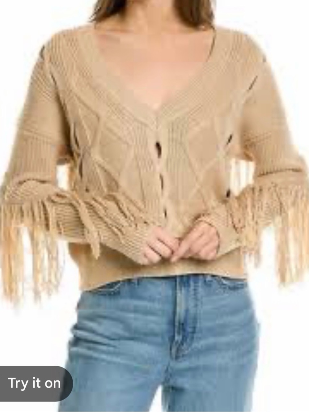 Bailey 44 Beige Fringe V-Neck Cable Knit Cardigan- NWOT